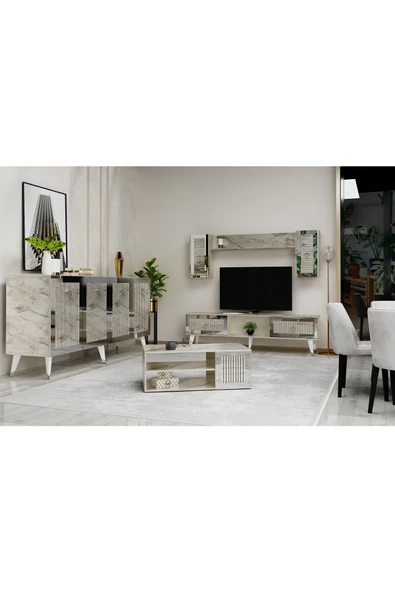 DEMONTE DECOR BORAA TV ÜNİTESİ, ORTA SEHPA VE  KONSOL 3'LÜ SALON TAKIMI EFESMERMER-GÜMÜŞ