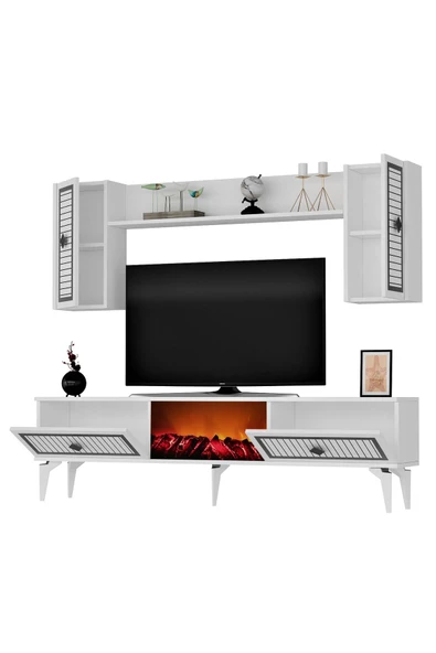 DEMONTE DECOR NİLL ŞÖMİNELİ TV  ÜNİTESİ TAKIMI BEYAZ -GÜMÜŞ - 4