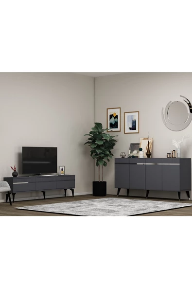 DEMONTE DECOR DEFFNE TV SEHPASI ve KONSOL 2'Lİ SALON TAKIMI ANTRASİT-GÜMÜŞ