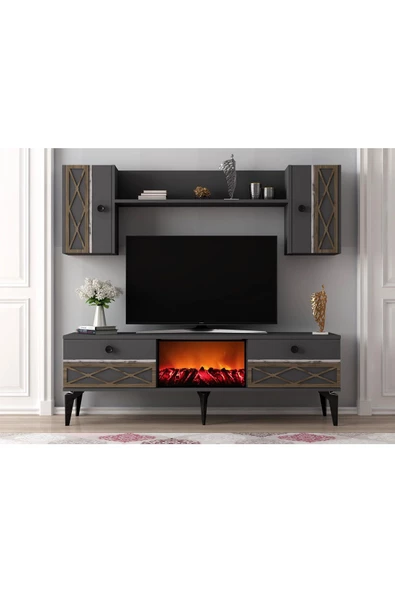 DEMONTE DECOR ALLEGRADH ŞÖMİNELİ TV ÜNİTESİ TAKIMI ANTRASİT GÜMÜŞ