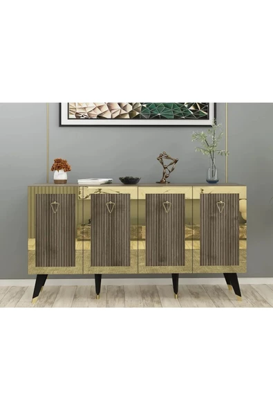 DEMONTE DECOR BARRE TV ÜNİTESİ, ORTA SEHPA VE KONSOL 3'LÜ SALON TAKIMI CEVİZ-ALTIN - 4