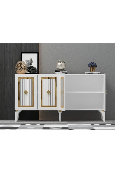 DEMONTE DECOR NORRA TV SEHPASI (alt modül) ve KONSOL 2'Lİ SALON TAKIMI BEYAZ-ALTIN - 4
