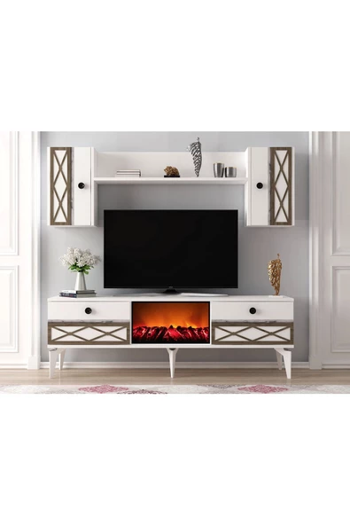 DEMONTE DECOR ALLEGRADH ŞÖMİNELİ TV ÜNİTESİ TAKIMI BEYAZ GÜMÜŞ