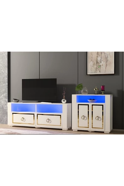 DEMONTE DECOR CALVİNN DOLAP, TV SEHPASI TAKIMI BEYAZ-ALTIN