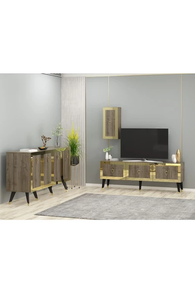 DEMONTE DECOR BARRE TV ÜNİTESİ, ORTA SEHPA VE KONSOL 3'LÜ SALON TAKIMI CEVİZ-ALTIN - 3