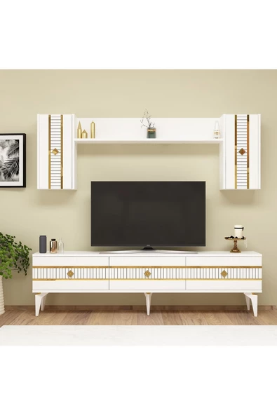 DEMONTE DECOR LENNORA 180 CM TV ÜNİTESİ TAKIMI BEYAZ-ALTIN