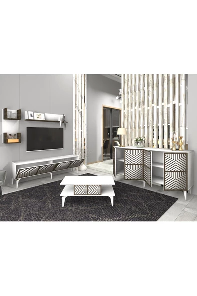 DEMONTE DECOR MERRLİN TV ÜNİTESİ,KONSOL ve ORTA SEHPA 3'LÜ SALON TAKIMI BEYAZ-CEVİZ