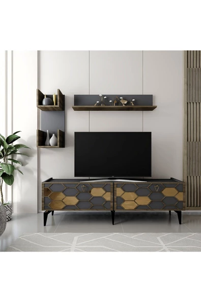 DEMONTE DECOR PETTEK TV ÜNİTESİ TAKIMI ANTRASİT-ALTIN(CEVİZ DESEN)