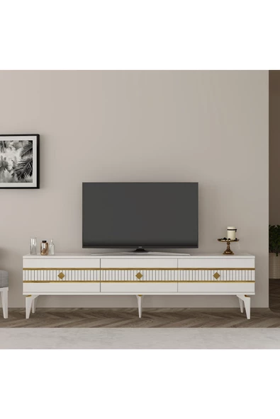 DEMONTE DECOR LENNORA 180 CM  TV SEHPASI (ALT MODÜL) BEYAZ-ALTIN