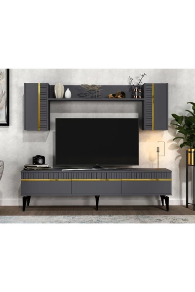 DEMONTE DECOR Deffne 180 Cm Tv Ünitesi Takımı Antrasit-Altın
