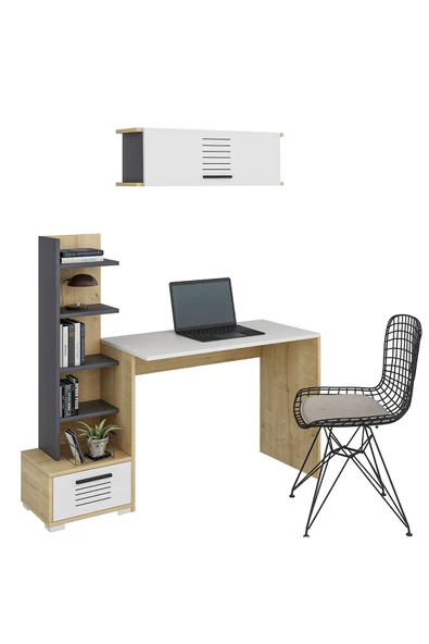 DEMONTE DECOR 5 Raflı, Çekmeceli Ve Duvar Raflı Asimo Pt Çalışma Masası Safirmeşe-beyaz-antrasit - 4