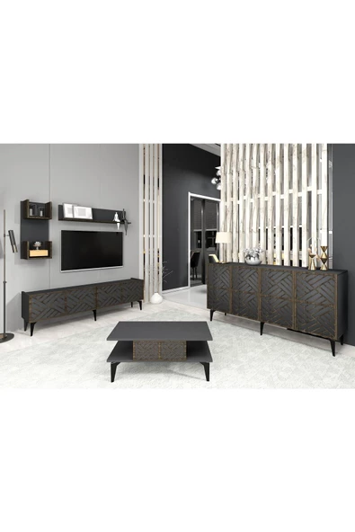 DEMONTE DECOR GRACCE TV ÜNİTESİ,KONSOL ve ORTA SEHPA 3'LÜ SALON TAKIMI ANTRASİT-CEVİZ