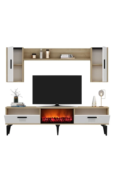 DEMONTE DECOR ASİMO TV ÜNİTESİ ŞÖMİNELİ TAKIM SAFİRMEŞE BEYAZ - 3