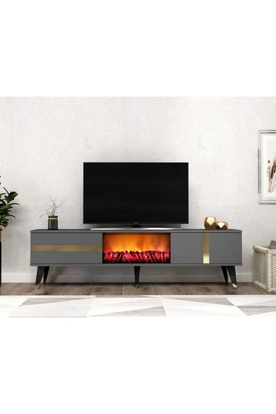 DEMONTE DECOR Vania Tv Sehpası Şömineli (ALT MODÜL) Antrasit-altın