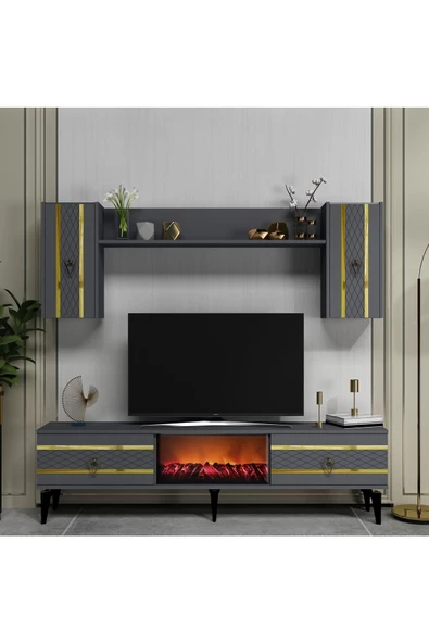 DEMONTE DECOR PELİN TV ÜNİTESİ TAKIMI ŞÖMİNELİ ANTRASİT-ALTIN