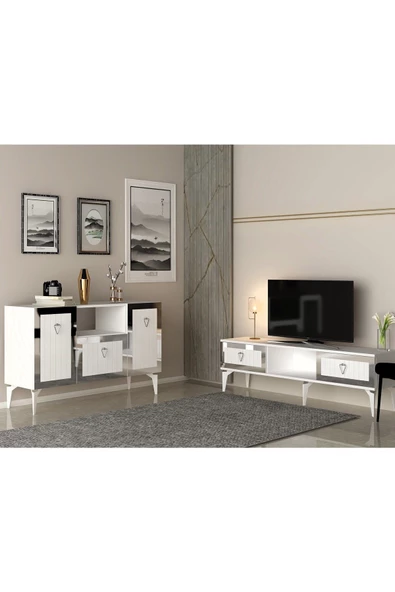 DEMONTE DECOR LİNDA TV SEHPASI ve KONSOL 2'Lİ SALON TAKIMI BEYAZ-GÜMÜŞ