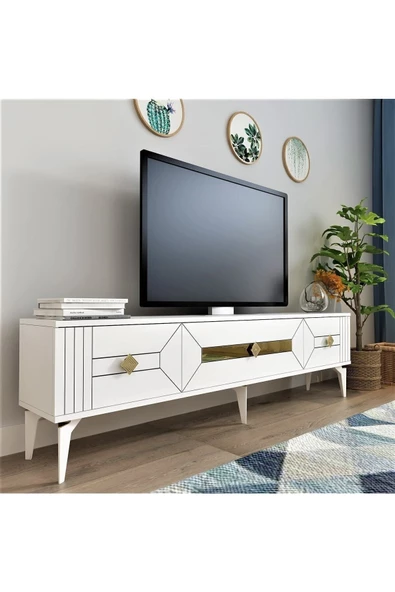 DEMONTE DECOR Ceneyra 180 Cm Tv Ünitesi Beyaz-altın