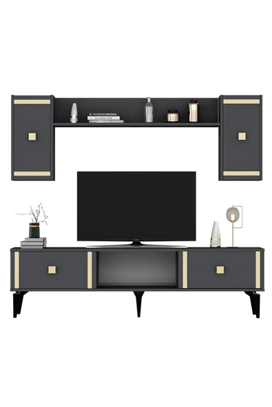 DEMONTE DECOR Doruk Tv Ünitesi Antrasit Altın 4 Kapaklı - 4