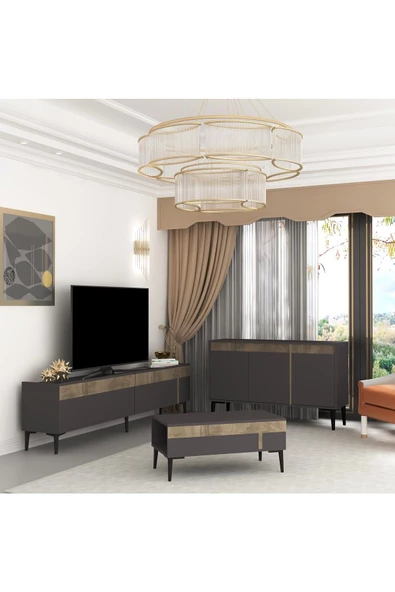 DEMONTE DECOR ASUDE TV SEHPASI,KONSOL ve ORTA SEHPA 3'LÜ SALON TAKIMI ANTRASİT-CEVİZ