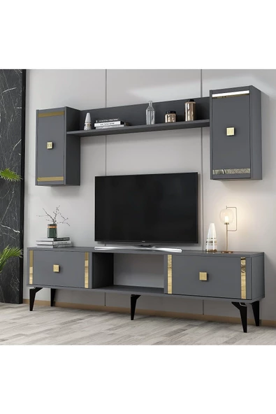 DEMONTE DECOR Doruk Tv Ünitesi Antrasit Altın 4 Kapaklı - 2