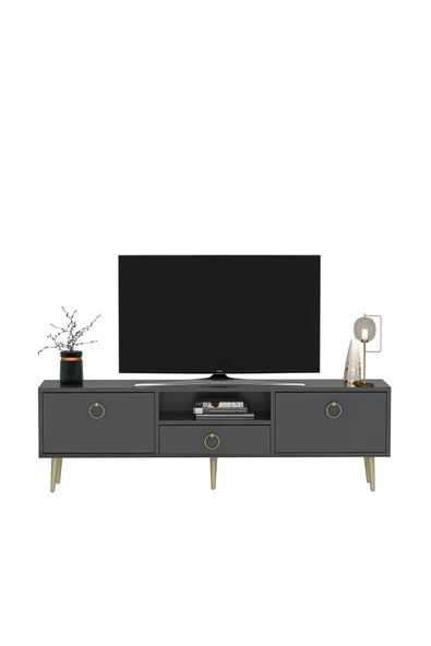 DEMONTE DECOR 2 Kapaklı Raflı Ve Çekmeceli Drop Tv Sehpası Tv Ünitesi Antrasit-altın - 3