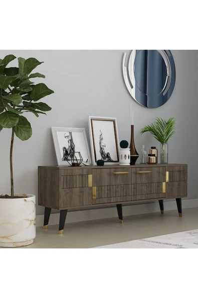 DEMONTE DECOR 2 Raflı, Kapaklı 150 Cm Moda Tv Ünitesi Ceviz-altın