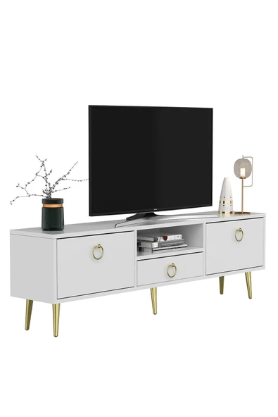 DEMONTE DECOR 2 Kapaklı, Raflı Ve Çekmeceli Drop Tv Ünitesi Beyaz-altın - 2