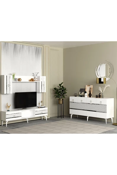 DEMONTE DECOR PELİN TV ÜNİTESİ ve KONSOL 2'Lİ SALON TAKIMI BEYAZ-GÜMÜŞ