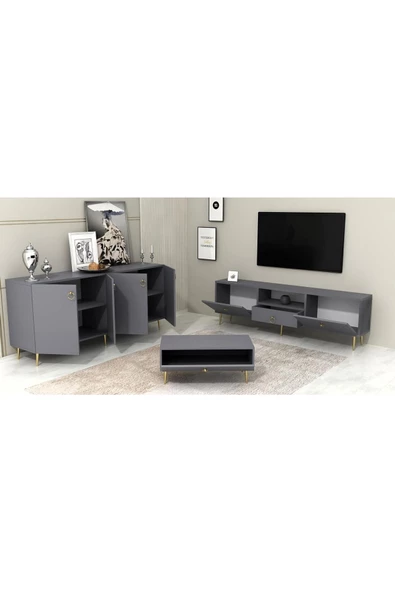 DEMONTE DECOR DROP TV ÜNİTESİ,KONSOL ve ORTA SEHPA 3'LÜ SALON TAKIMI ANTRASİT-ALTIN - 2