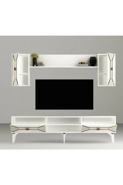 DEMONTE DECOR YUMEDİ TV ÜNİTESİ,KONSOL ve ORTA SEHPA 3'LÜ SALON TAKIMI BEYAZ-ALTIN - 7