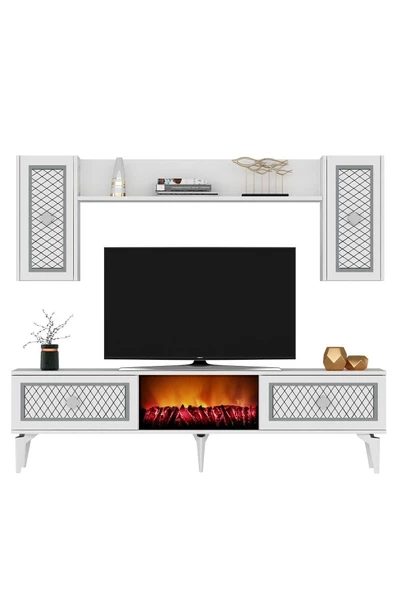 DEMONTE DECOR Herry Tv Ünitesi Şömineli Takım Beyaz Gümüş - 3