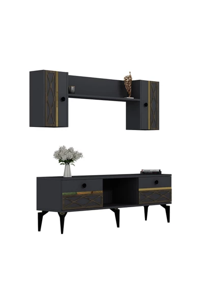 DEMONTE DECOR ALLEGRO TV ÜNİTESİ TAKIMI ANTRASİT-ALTIN (CEVİZ DESEN) - 4