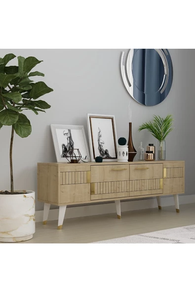 DEMONTE DECOR 2 Raflı, Kapaklı 150 Cm Moda Tv Ünitesi Safirmeşe-altın