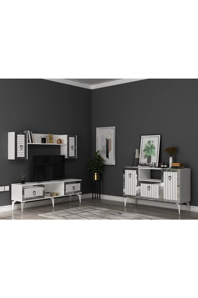 DEMONTE DECOR LİNDA TV ÜNİTESİ ve KONSOL 2'Lİ SALON TAKIMI BEYAZ-GÜMÜŞ
