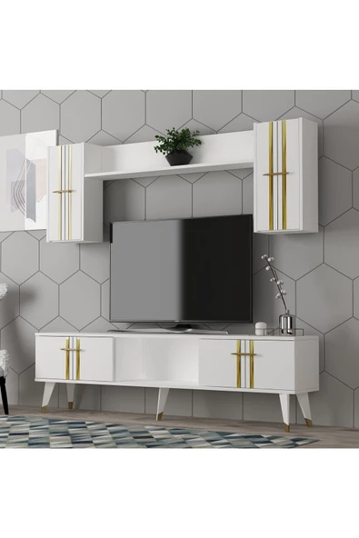 DEMONTE DECOR ASSEL TV ÜNİTESİ TAKIMI BEYAZ-ALTIN