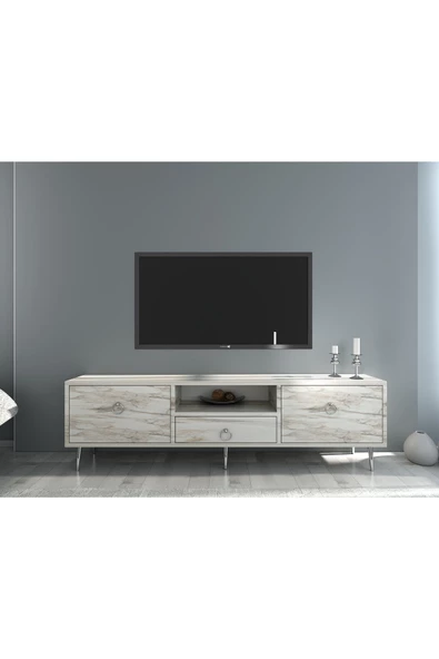 DEMONTE DECOR 2 Kapaklı, Raflı Ve Çekmeceli Drop Tv Ünitesi Efesmermer-Gümüş