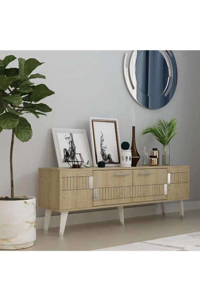 DEMONTE DECOR 2 Raflı, Kapaklı 150 Cm Moda Tv Ünitesi Safirmeşe-gümüş