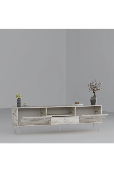 DEMONTE DECOR 2 Kapaklı, Raflı Ve Çekmeceli Drop Tv Ünitesi Efesmermer-Gümüş - 6