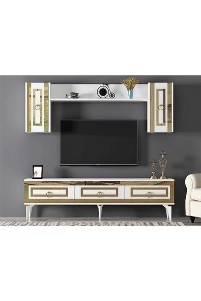 DEMONTE DECOR Karya 180 Cm Tv Ünitesi Ve Konsol 2'li Salon Takımı Beyaz-altın - 2