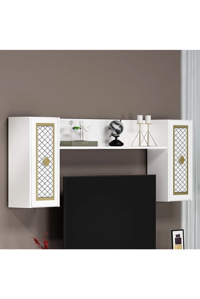 DEMONTE DECOR 4 Kapaklı, 2 Raflı Herry Tv Ünitesi Takım Beyaz-altın - 5