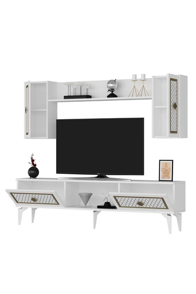 DEMONTE DECOR 4 Kapaklı, 2 Raflı Herry Tv Ünitesi Takım Beyaz-altın - 7