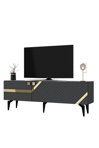 DEMONTE DECOR İRİS TV ÜNİTESİ 2 KAPAKLI ANTRASİT - ALTIN - 4