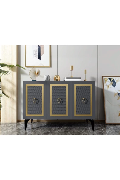 DEMONTE DECOR KAREL TV SEHPASI  ve KONSOL 2'Lİ SALON TAKIMI ANTRASİT-ALTIN - 3