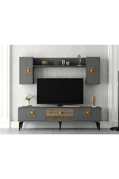 DEMONTE DECOR Luna 180 Cm Tv Ünitesi Takımı Antrasit-ceviz