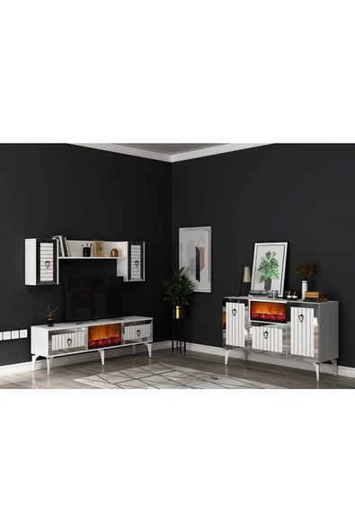 DEMONTE DECOR Linda Şömineli Tv Ünitesi Ve Şömineli Konsol 2'li Salon Takimi Beyaz-gümüş