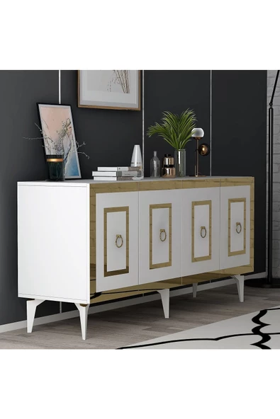 DEMONTE DECOR Karya 180 Cm Tv Ünitesi Ve Konsol 2'li Salon Takımı Beyaz-altın - 6