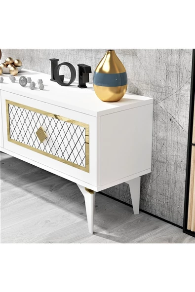 DEMONTE DECOR 2 Kapaklı Arel Tv Sehpası Beyaz-altın - 4