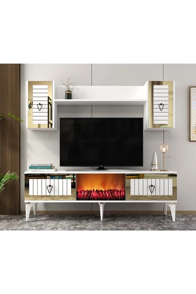 DEMONTE DECOR Linda Şömineli Tv Ünitesi Ve Şömineli Konsol 2'li Salon Takimi Beyaz-altin - 5