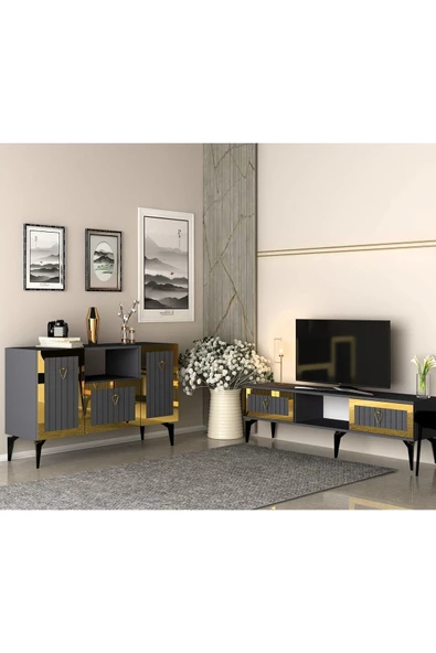 DEMONTE DECOR LİNDA TV SEHPASI ve KONSOL 2'Lİ SALON TAKIMI ANTRASİT-ALTIN