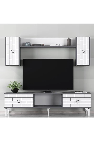 DEMONTE DECOR 4 Kapaklı, 2 Raflı Varna Tv Ünitesi Takım Beyaz-antrasit